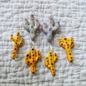 Handmade Vintage Guatemalan Clay Painted Pendant Charms Cactus Saguaro Set 6